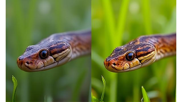 Before/after comparison: a blurry, underexposed snake photo transforms into a sharp, well-lit image through correct settings