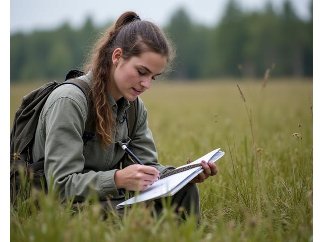 A biologist taking notes next to a newly tagged Eastern Massasauga Rattlesnake, emphasizing research and conservation