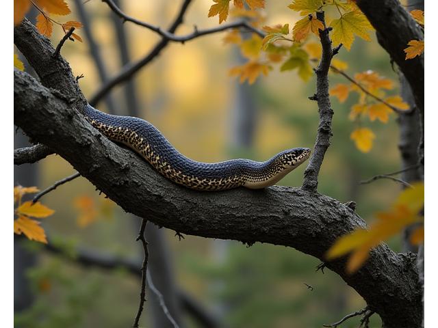 A Gray Ratsnake camouflaged among tree branches in a deciduous forest, blending perfectly with its environment
