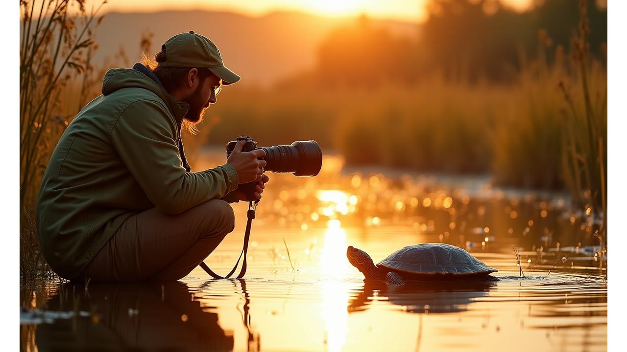 Photographer expertly capturing a Blanding's Turtle in its natural wetland habitat at golden hour, ethical distance maintained