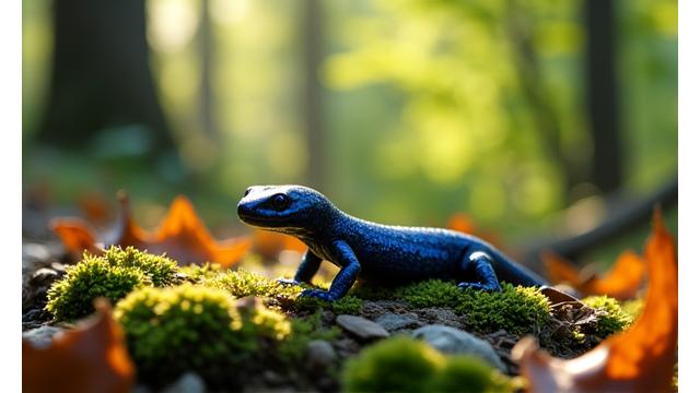 A perfect example of composition: a small salamander perfectly framed by mossy rocks and dappled sunlight, creating depth and focus
